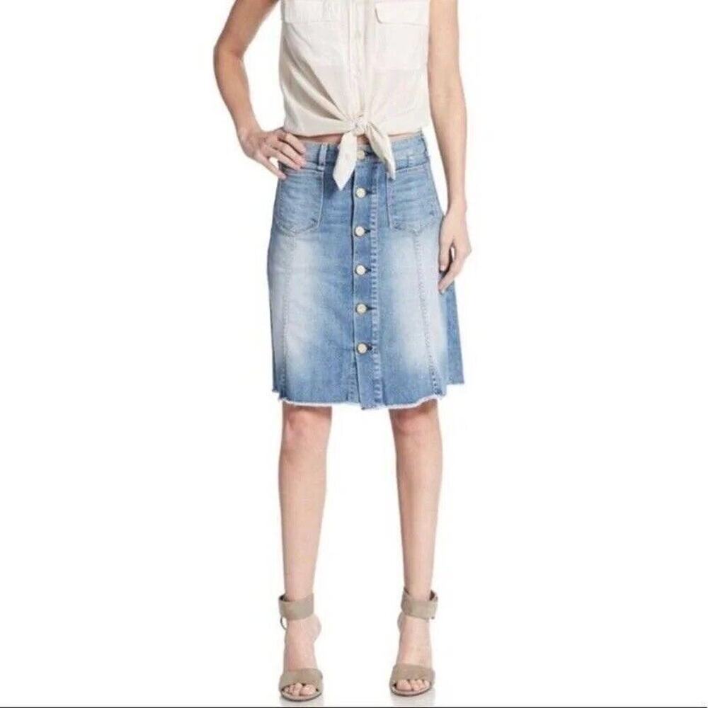 Mcguire Denim Button Front Colombier Skirt 24 Light Wash Raw Hem Michelada 20”